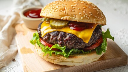 Wall Mural - Gourmet Beef Cheeseburger with Fresh Toppings