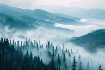  A dense forest shrouded in thick fog, with numerous trees towering towards the sky. The mist obscures the distance, creating a mysterious and atmospheric scene.