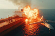 An unmanned aerial vehicle hit an oil tanker. Fire on the ship.