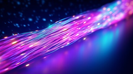 Wall Mural - 3D illustration showing bright signals transmitting data rapidly, with bundles of abstract fiber optic wires illuminated in neon light, symbolizing high-speed internet connection technology.