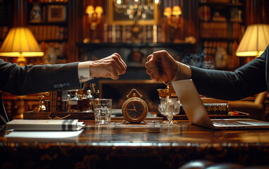 Two men are sitting at a wooden table in a musicfilled room, shaking hands as they finalize plans for an upcoming entertainment event at the house