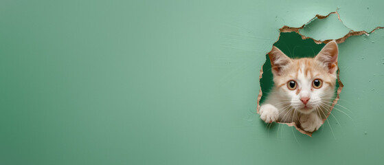 A curious orange tabby cat peeks through a ripped green paper with wide, engaging eyes, evoking playfulness