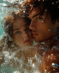 Couple submerged in sunlit water, close-up, serene expressions, bubbles, romantic underwater scene