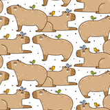 Fototapeta Na ścianę - Seamless pattern with cute сartoon capybaras and birds isolated on white - funny animal background for Your textile and wrapping paper design