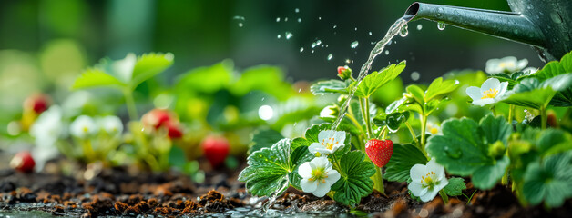 Wall Mural - Water Droplets Falling on Strawberry Plants in Sunlit Garden. Home Gardening concept