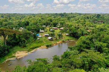 Village in the amazonian forest from above