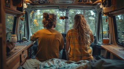 Canvas Print - A couple of people sitting in the back of a van