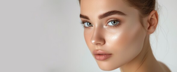 close-up studio portrait of a young woman with natural perfect skin. beauty and skincare concept. ba