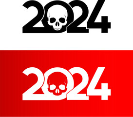 Poster - New Year 2024. Red and White Print with Zero Symbol as Human Skull. Isolated Illustration of New Year 2024 - Covid Coronavirus Concept on White and Red