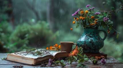 Poster - An open book and a cup of coffee on a table