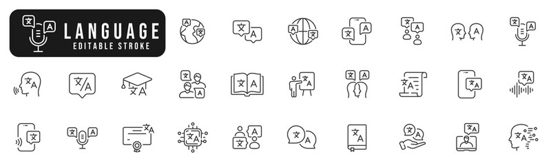 Wall Mural - Set of language line icons. Translator, phone, dictionary, speech, talk etc. Editable stroke