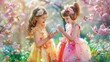 Two little girls dressed up in colorful dresses in a field of flowers