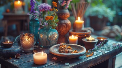 Poster - A wooden table topped with a plate of food and candles