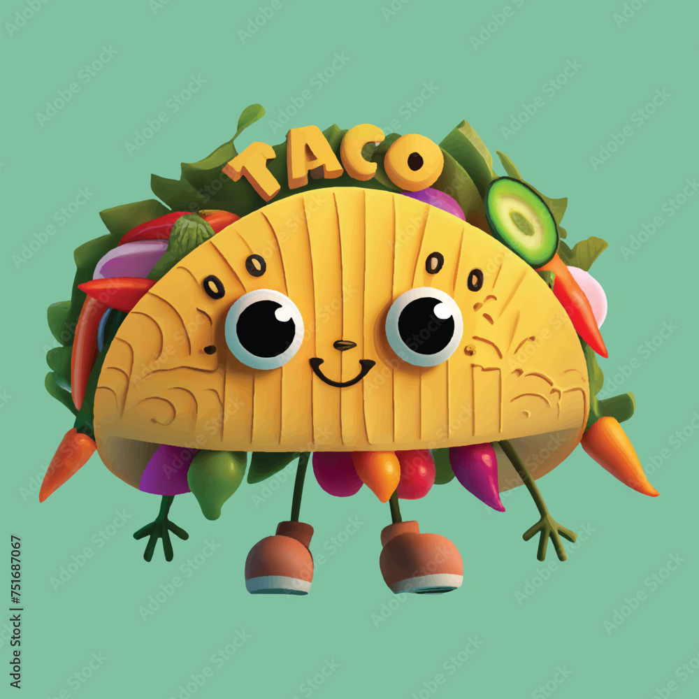Cute 3d walking Taco Mascot Character happy smiling face traditional ...