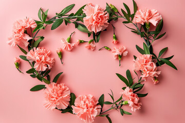 Wall Mural - A composition of pink carnations and green leaves, arranged in a heart shape on a pink background.