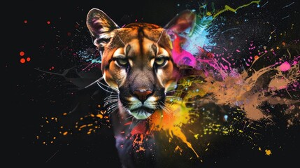 Wall Mural - A wild predator cougar, designed for hunting, yet a beautiful majestic creature. Painted with paint splash technique. Isolated black background. Also for T-shirt printing pattern. Generative AI