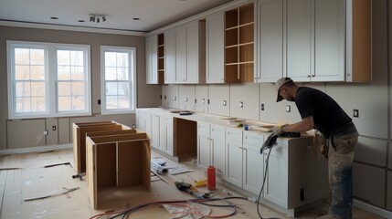 Assembly of kitchen furniture during kitchen remodeling in new home