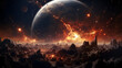 An apocalyptic landscape depicting a rocky terrain under a fiery sky, as planets loom large in the backdrop