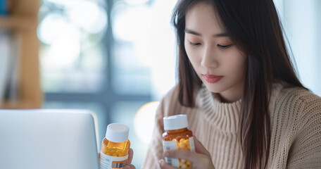 Sticker - Healthy living and dieting Asian young woman, girl working at home using computer, typing or looking up information on medicine label about vitamins online, holding bottle of food supplement.