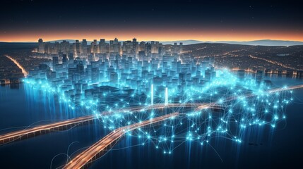Wall Mural - Illustration of glowing cities and population centers interconnected by bouncing lines, representing global connectivity and suitable for technology themes.