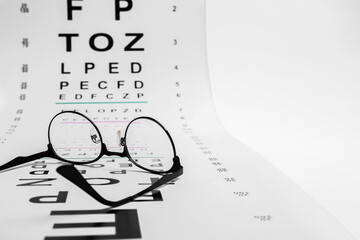 Sticker - Vision test chart and glasses on white background, closeup. Space for text