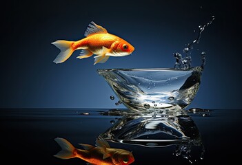 Poster - goldfish jumps into empty glass
