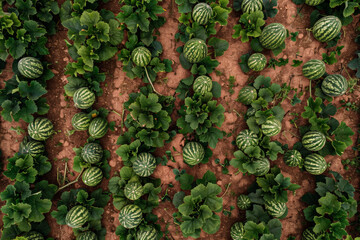 Wall Mural - A drone shot of a field of watermelons. The green melons stand out against the brown soil.