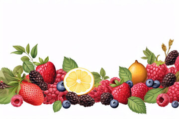Wall Mural - Vector fruit and berry mix horizontal banner on white. Design for juice, tea, ice cream, natural cosmetics, sweets and pastries filled with fruit, dessert menu,health care products.With place for tex