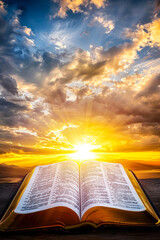 An open bible with radiant sunlight streaming from the pages against a dramatic sky with clouds, conveying hope and enlightenment