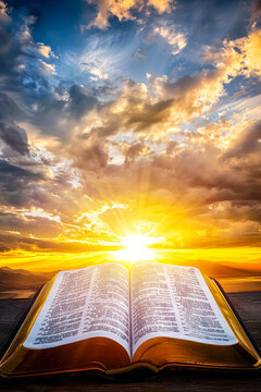 An open bible with radiant sunlight streaming from the pages against a dramatic sky with clouds, conveying hope and enlightenment