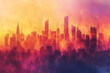 Design a mottled background that captures the vibrant and dynamic energy of a city skyline at sunset, with oranges, pinks, and purples blending into the silhouettes of buildings