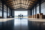 Fototapeta Perspektywa 3d - A plane is stored inside a hangar with an open door