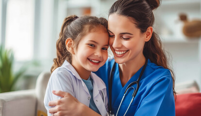 Wall Mural - Happy child hugs doctor. Happy, smiling woman pediatrician in uniform and little girl patient sitting on couch at home and hugging.