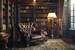 A library with a classic style and a leather armchair