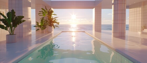 a large indoor swimming pool with a view of the ocean and the sun rising over the horizon of the ocean.