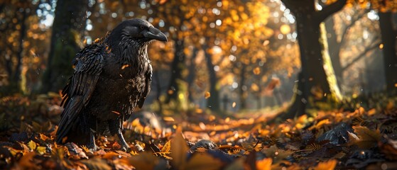 a large black bird sitting on top of a pile of leaves in a forest filled with yellow and orange leaves.