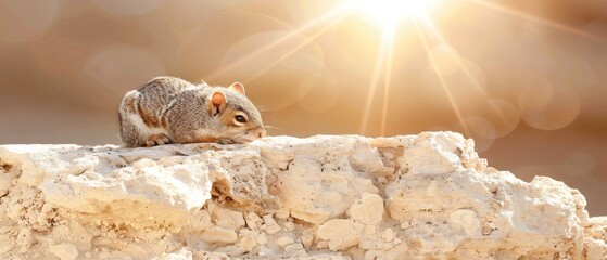 Wall Mural - a squirrel sitting on a rock with the sun shining down on it's back and it's head resting on the rock.