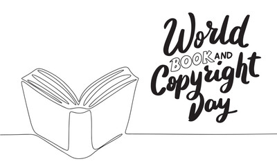 Wall Mural - World Book and Copyright Day text banner with line art open book. Hand drawn vector art