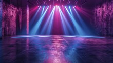 Spotlight shines on asphalt floor of dark stage with blue and purple neon lights and lasers for dynamic displays.