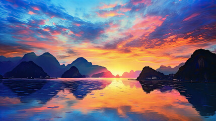 Wall Mural - Beautiful painting style illustration of stunning sea sunset with fiery sky and mountains backgroumd