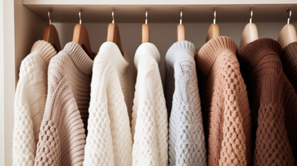 Wall Mural - Assortment of cozy knit sweaters in neutral tones hangs on hangers in closet