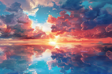 A photo of a beautiful sunset, showing a sky and a sea. It is glowing with colors and shades, and reflecting on the water and the clouds.