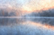 Develop a mottled background that captures the essence of a mist-covered lake at dawn, with the watera??s surface reflecting the muted colors of the sky and surrounding nature
