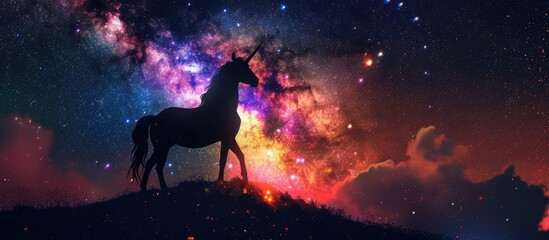 Wall Mural - Beautiful unicorn, rainbow background with winged unicorn silhouette with stars. Magic fantasy world