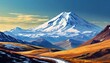 landscape with the image of the snow-capped peaks of elbrus in clear weather