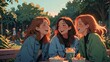 illustration of fhree female friends laughing and bonding outdoors in a casual park hangout
