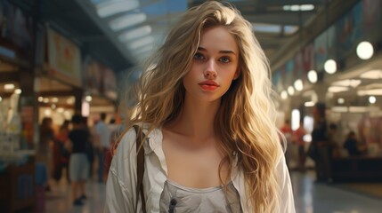 Wall Mural - Angelic girl with long blond hair, innocent eyes.