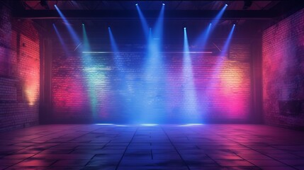 Sticker - Empty Room with Brick Walls, Neon Lights, Laser Lines, and Multicolored Smoke