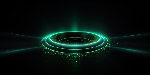 Wall Mural - Glowing green light ring black background grainy gradient noise texture poster banner backdrop abstract design