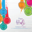 Happy holi festival poster template with holi powder color bowls on white wooden texture background.